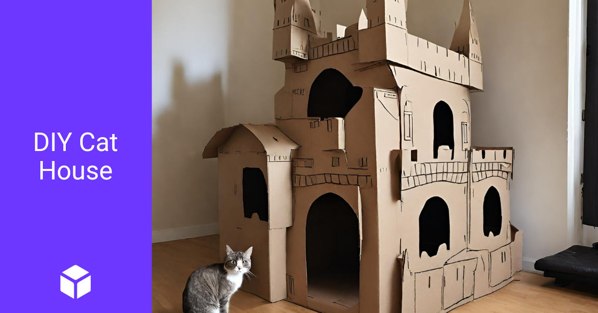 Cat sits in front of a DIY cardboard cat house shaped like a castle