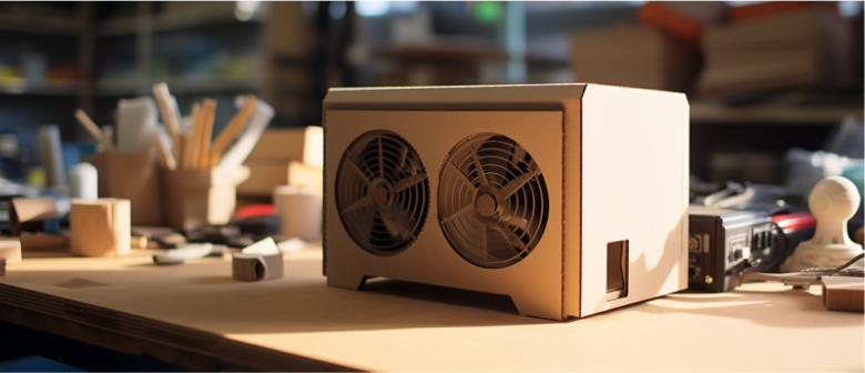 cardboard air conditioner sits on desk