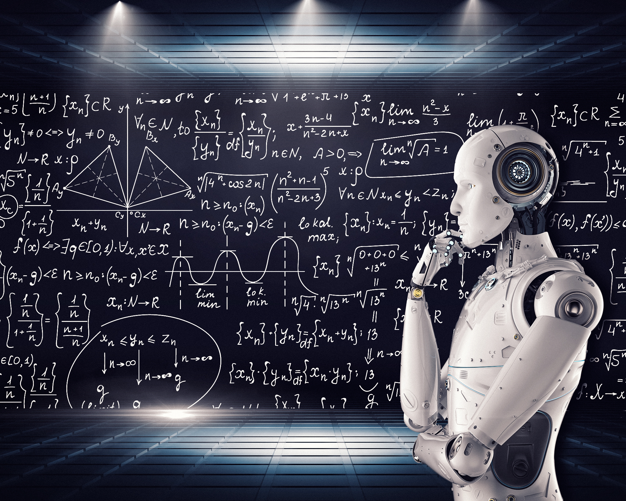 artificial intelligence robot ponders a large mathematical equation