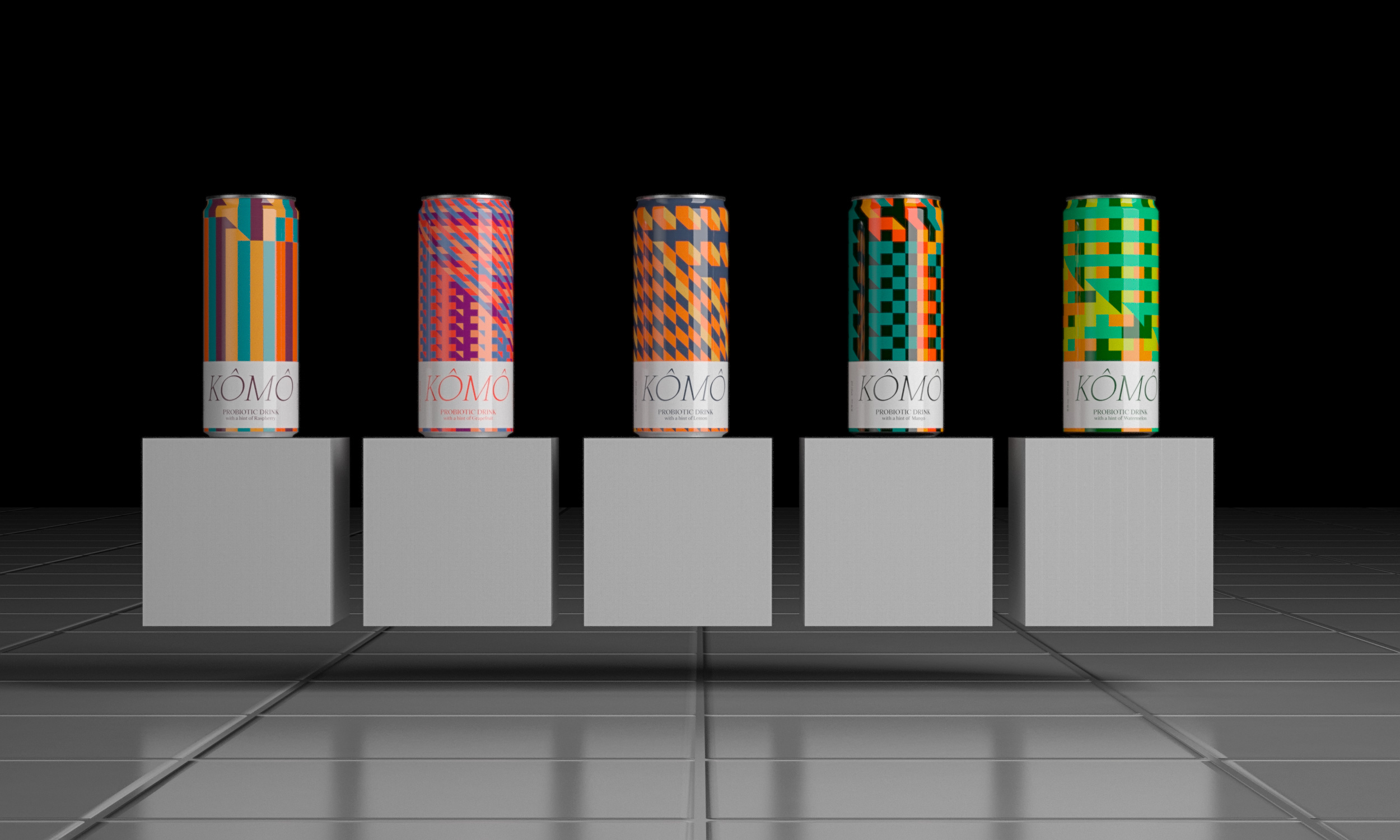 Five Komo soda cans designed by artificial intelligence