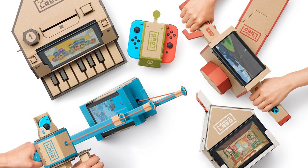 Nintendo Labo piano, fishing rod, and house-themed kits